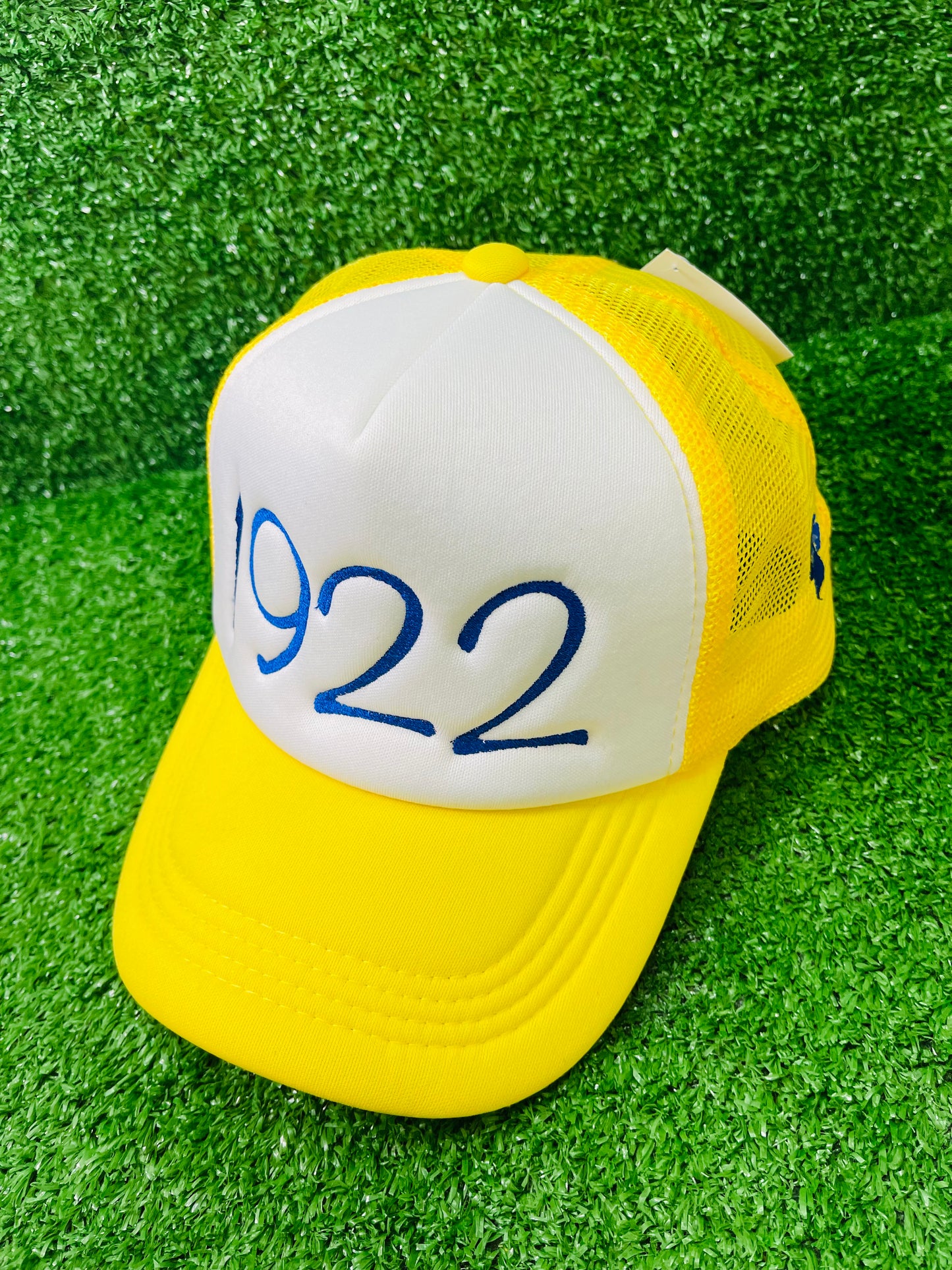 Front view of yellow and white trucker hat with 1922 embroidered in royal blue representing Sigma Gamma Rho Sorority Incorporated.
Side view of hat showing a blue embroidered paw print on the yellow mesh panel.