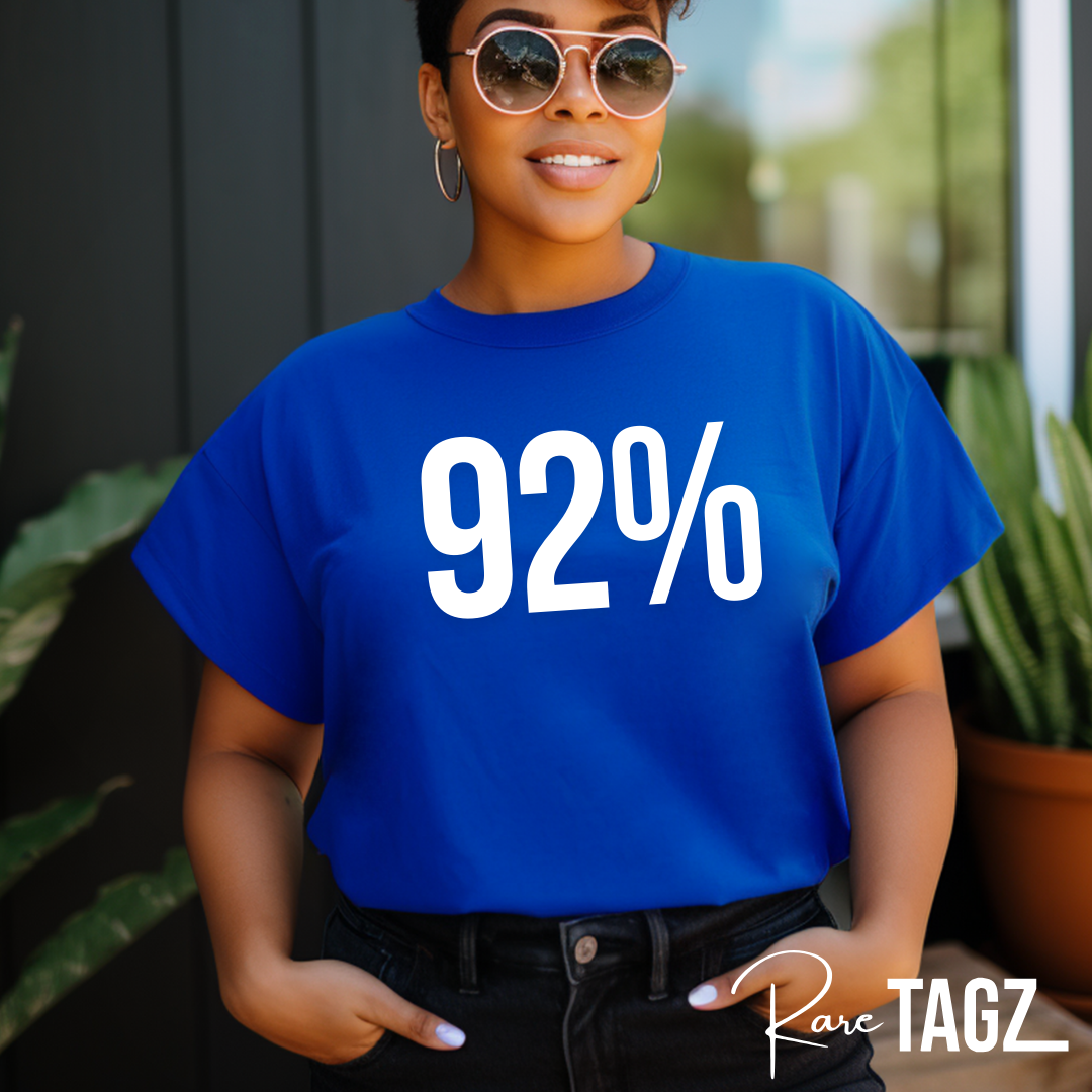 A premium quality t-shirt featuring the bold '92% Design' in celebration of Black women voters in the 2024 election. The shirt is available in a variety of colors and sizes, with the design prominently displayed on the front. Made from a soft, durable cotton blend, this t-shirt offers both comfort and style. Perfect for expressing pride and support for the significant impact of Black women voters.
