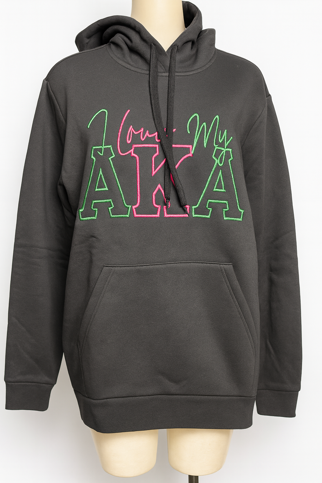 Black hoodie with 'I love my AKA' text on a mannequin against a white background