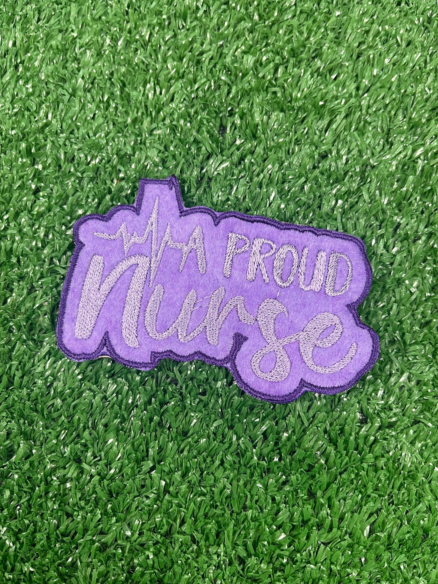 Purple nurse-themed embroidered iron-on patch set featuring six designs: 
Cool Nurse Club
A Proud Nurse
Nurse Fuel Coffee Cup
Nurse Cap 
Butterfly with Nurse script
Nurses Call the Shots phrase