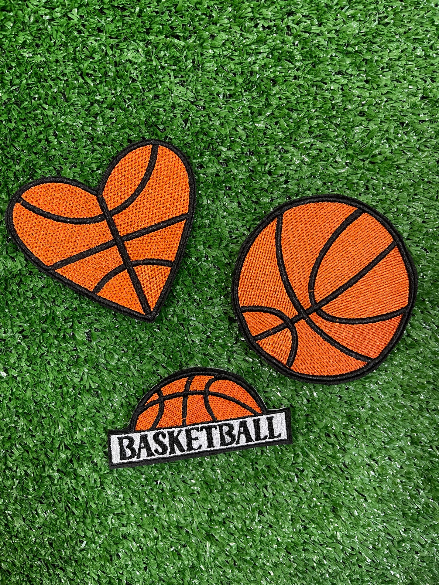 Set of embroidered basketball patches, featuring a variety of designs including basketballs. Each patch is vibrant with detailed stitching, perfect for customizing jacket, bags, or trucker hats.