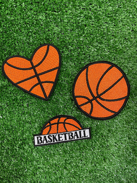 Set of embroidered basketball patches, featuring a variety of designs including basketballs. Each patch is vibrant with detailed stitching, perfect for customizing jacket, bags, or trucker hats.