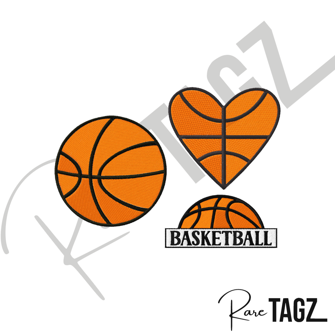 Set of embroidered basketball patches, featuring a variety of designs including basketballs. Each patch is vibrant with detailed stitching, perfect for customizing jacket, bags, or trucker hats.
