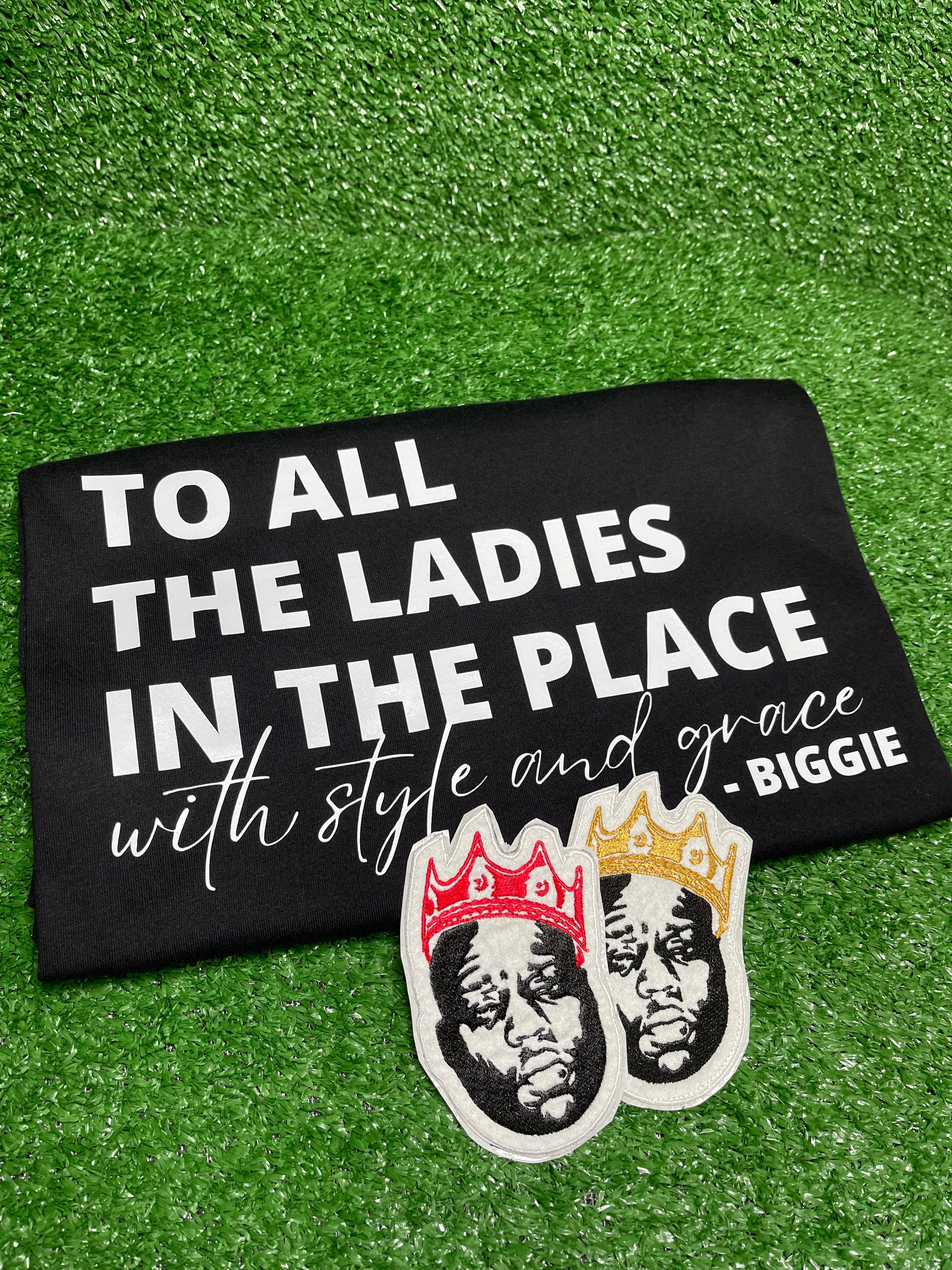 Custom embroidered patch of the Notorious BIG wearing a red crown stitched in black, white, and red thread. Custom embroidered patch of the Notorious BIG wearing a gold crown stitched in black, white, and red thread.