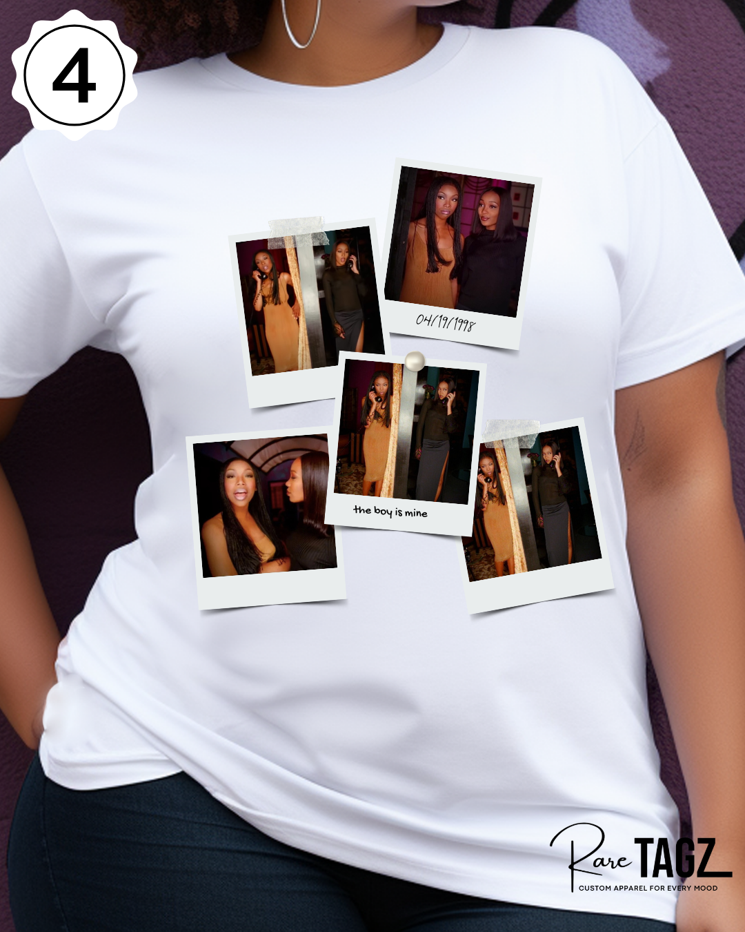 Woman wearing a white t-shirt with graphic design of Brandy and Monica and text that reads The Boy is Mine. Promoting the Boy is Mine Tour.