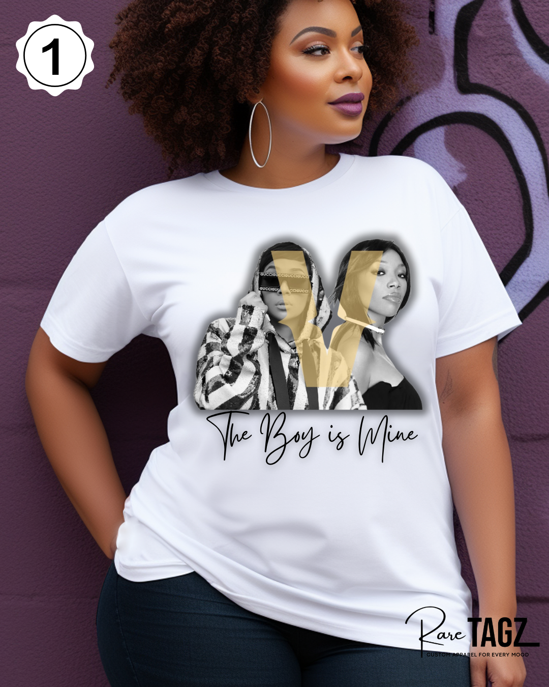 Woman wearing a white t-shirt with graphic design of Brand and Monica and text that reads The Boy is Mine.  Promoting the Boy is Mine Tour,