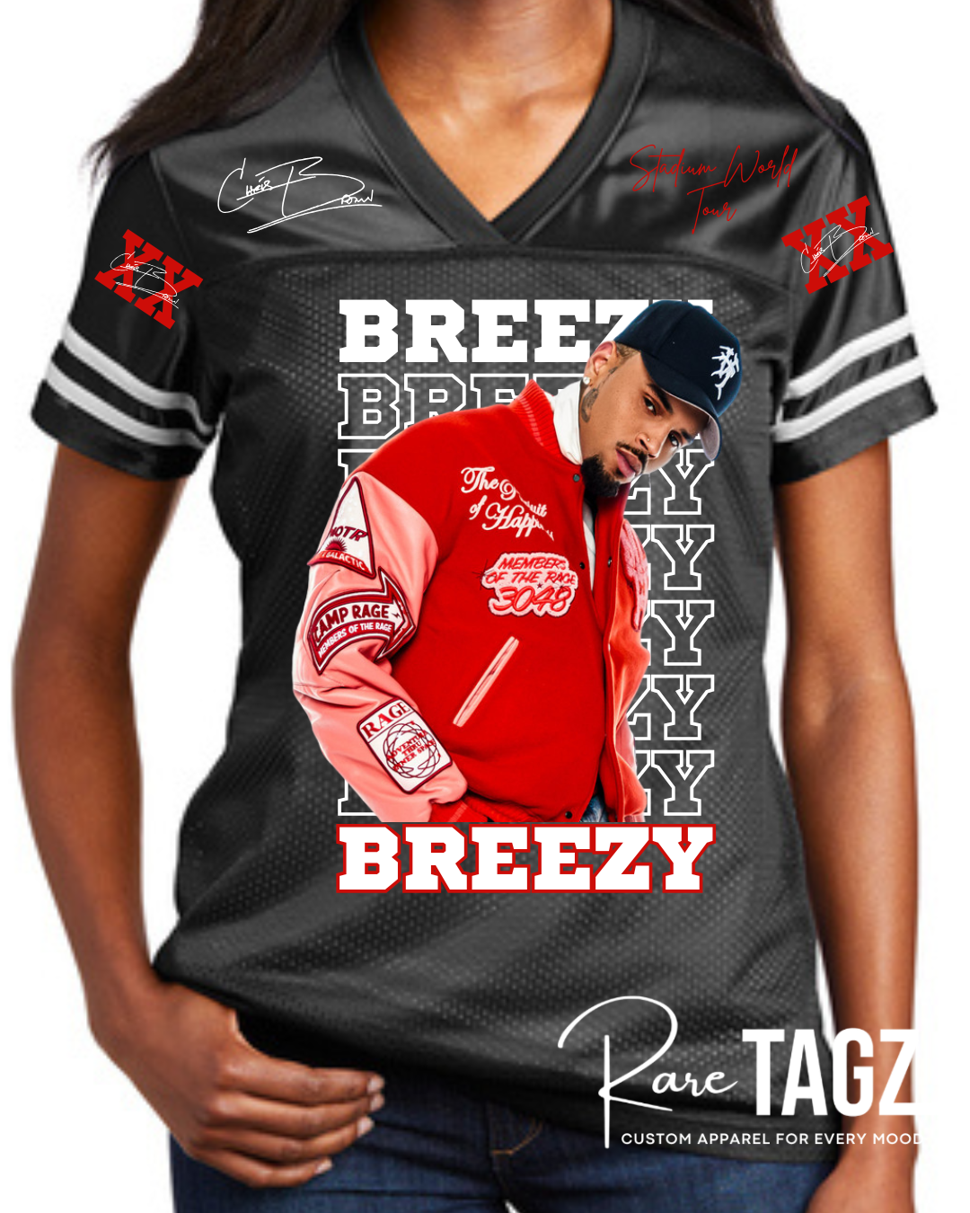 Black sports jersey with a graphic of a person wearing a red jacket and 'Breezy' text, on a white background. Breezy bowl Jersey
