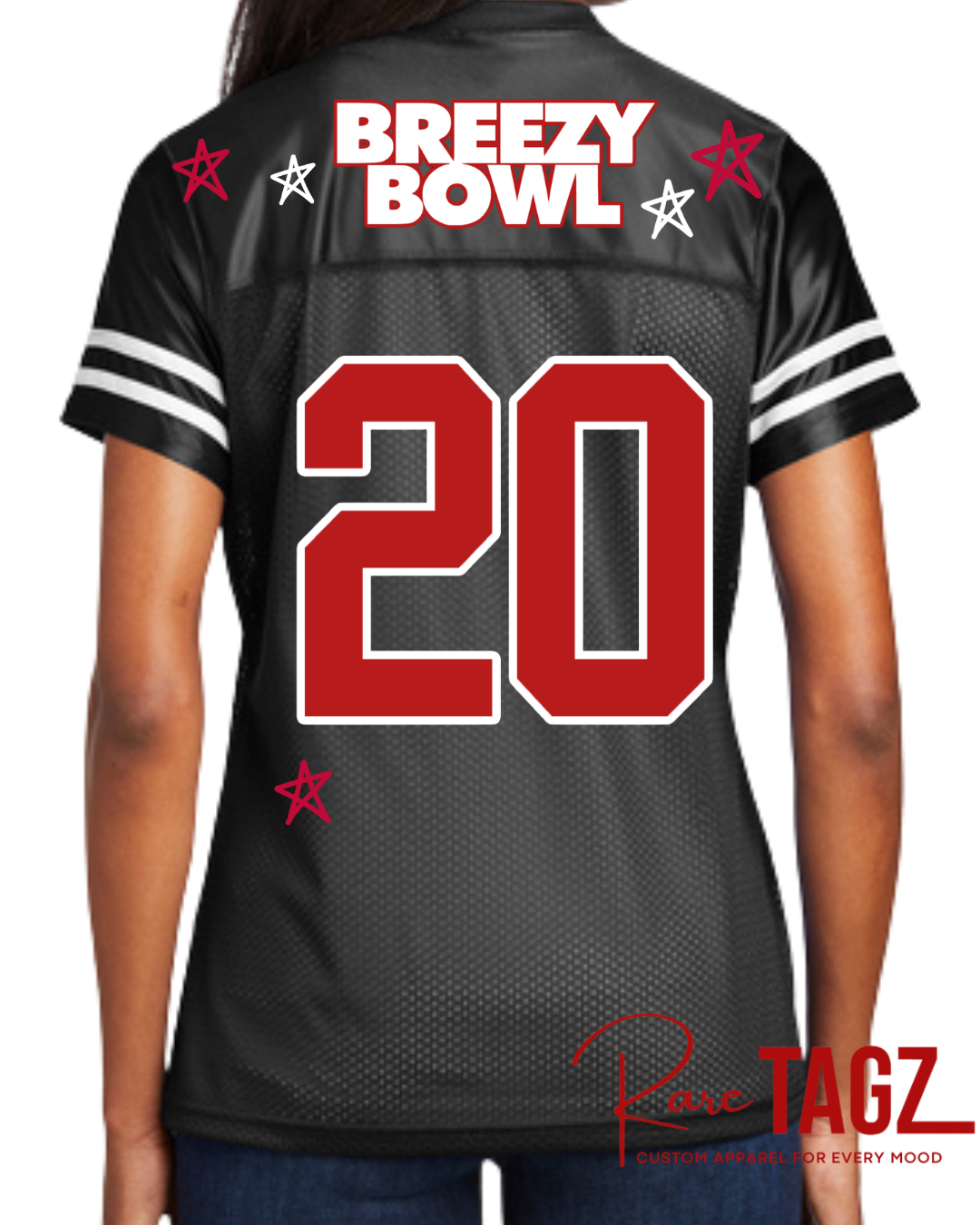 Black sports jersey with red and white text and numbers, worn by a person. Breezy Bowl Custom jersey for Chris Brown concert.
