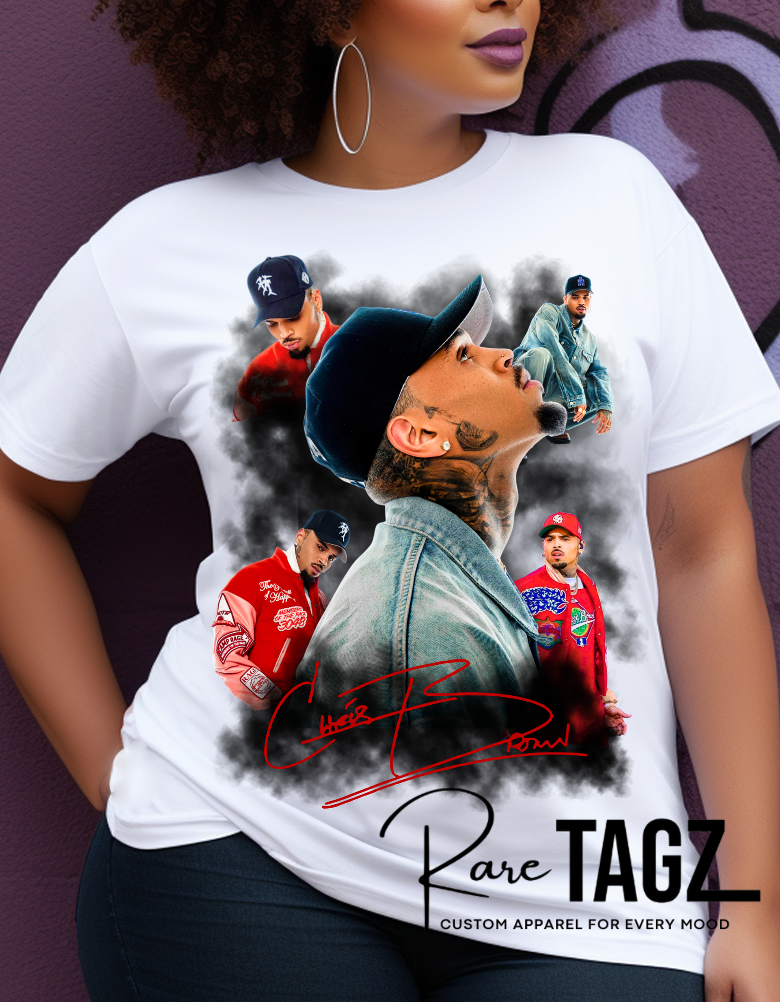 Custom Chris Brown tour tribute t-shirt featuring collage of iconic looks with bold signature design.