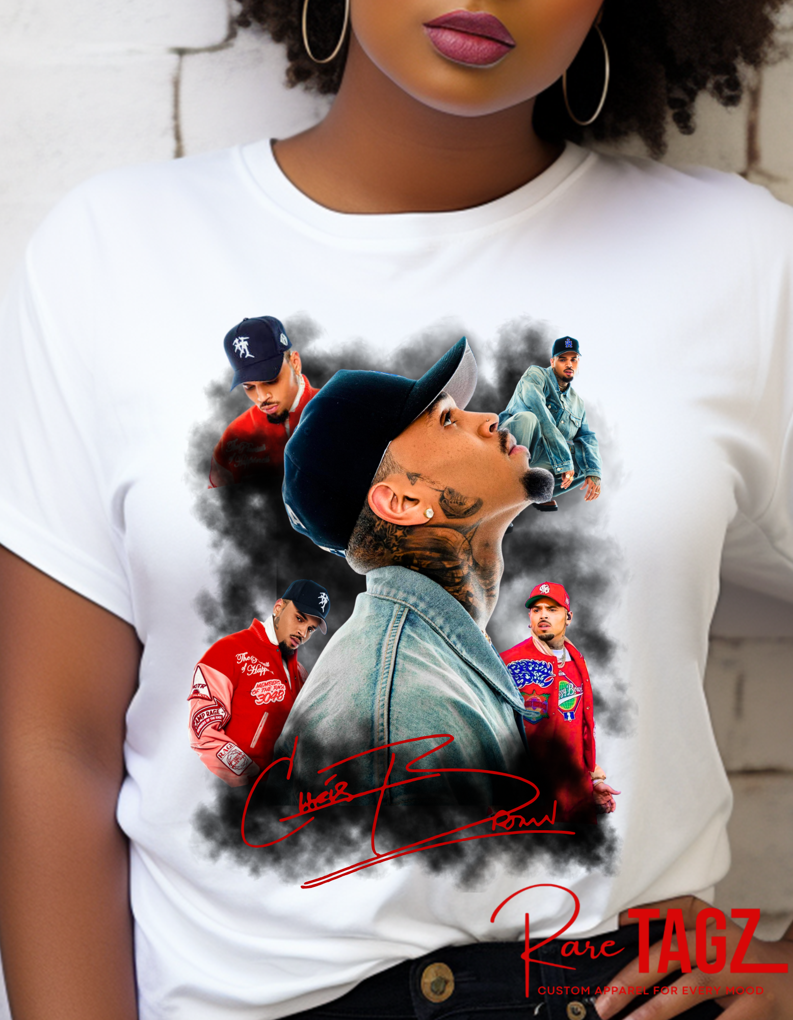 Custom Chris Brown tour tribute t-shirt featuring collage of iconic looks with bold signature design.