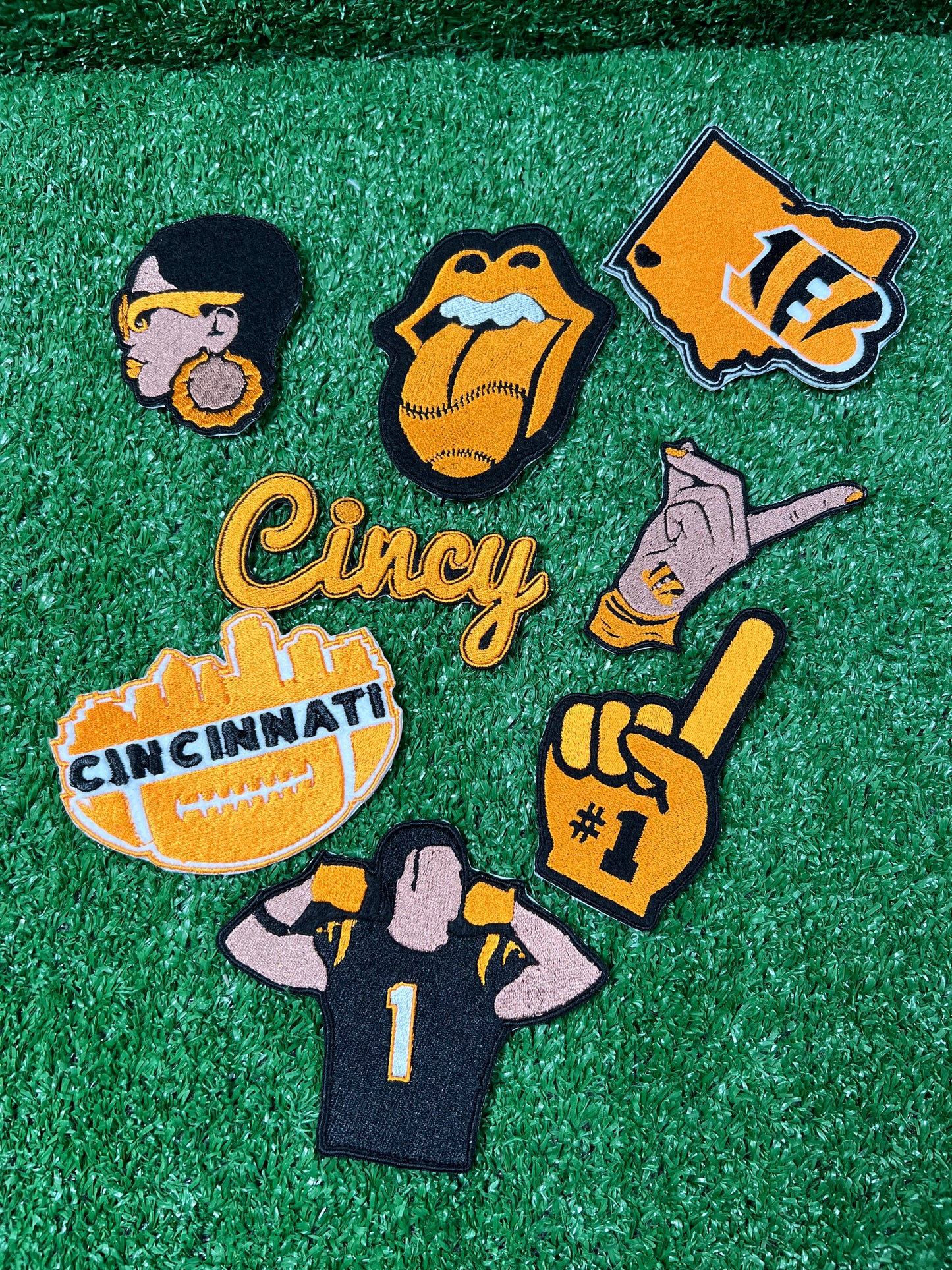 Cincinnati football 8 piece embroidered patch bundle with orange, black, white game day designs.