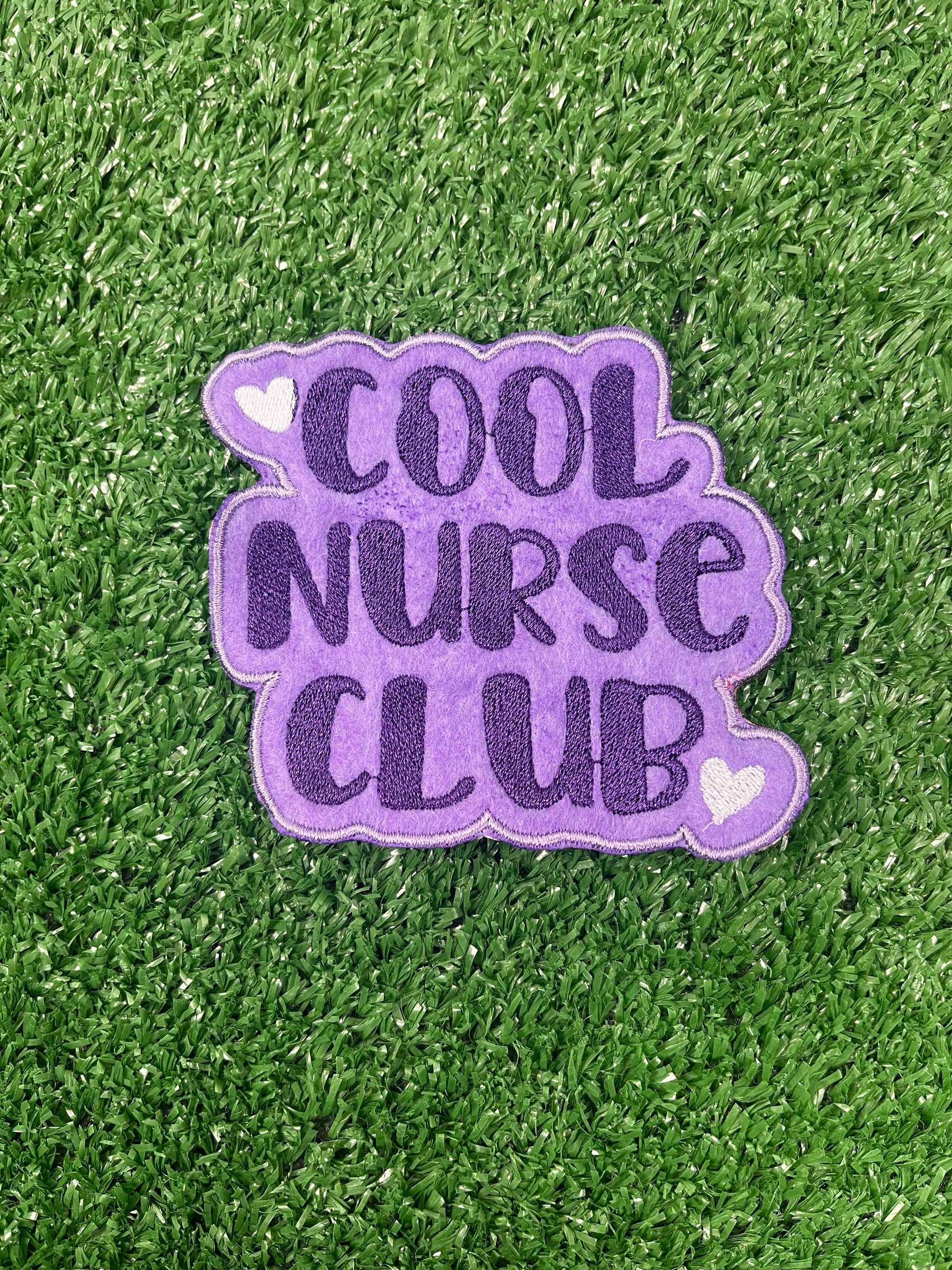 Purple nurse-themed embroidered iron-on patch set featuring six designs: 
Cool Nurse Club
A Proud Nurse
Nurse Fuel Coffee Cup
Nurse Cap 
Butterfly with Nurse script
Nurses Call the Shots phrase
