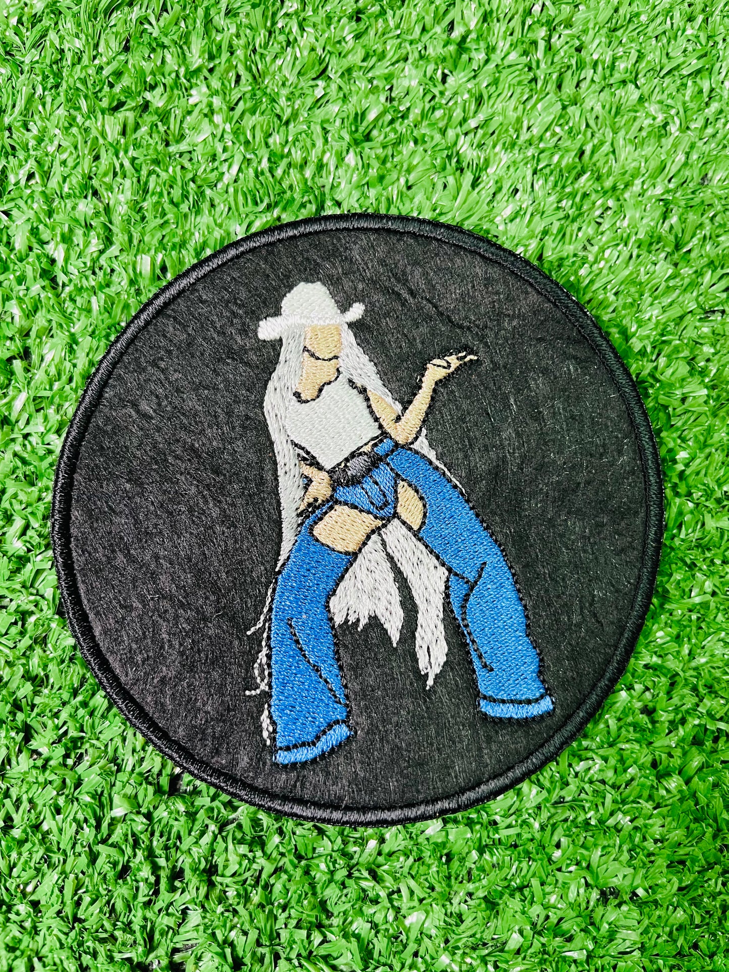 Custom embroidered cowgirl patch inspired by Cowboy Carter era featuring a western-style figure with white hat and long hair, perfect for jackets, hats, and tour outfits. Embroidery machine made patch by Rare Tagz.