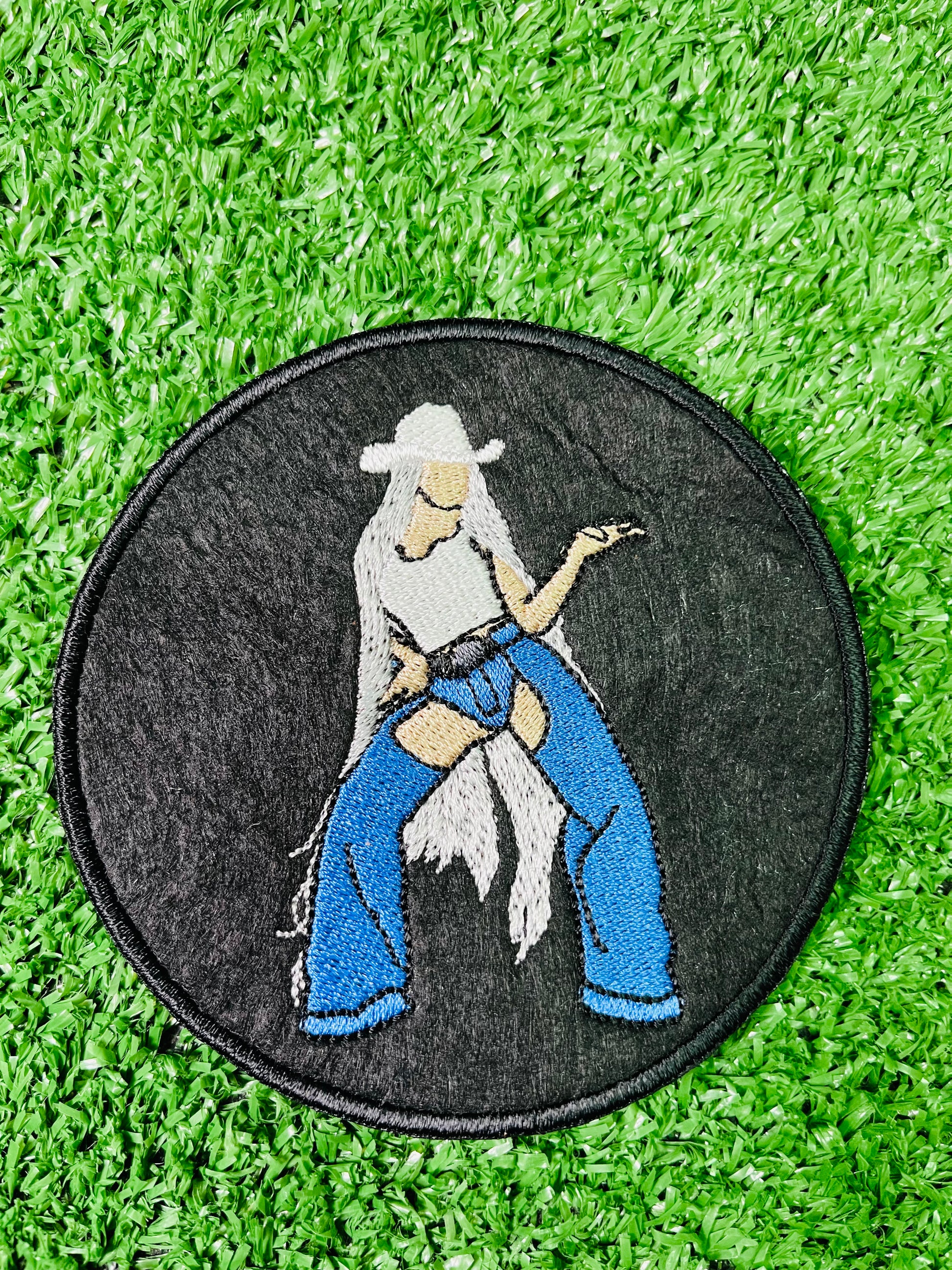 Custom embroidered cowgirl patch inspired by Cowboy Carter era featuring a western-style figure with white hat and long hair, perfect for jackets, hats, and tour outfits. Embroidery machine made patch by Rare Tagz.