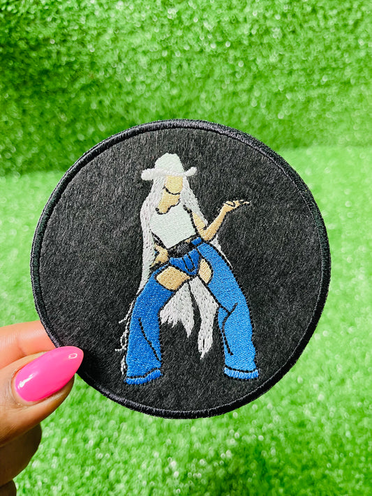 Custom embroidered cowgirl patch inspired by Cowboy Carter era featuring a western-style figure with white hat and long hair, perfect for jackets, hats, and tour outfits. Embroidery machine made patch by Rare Tagz.