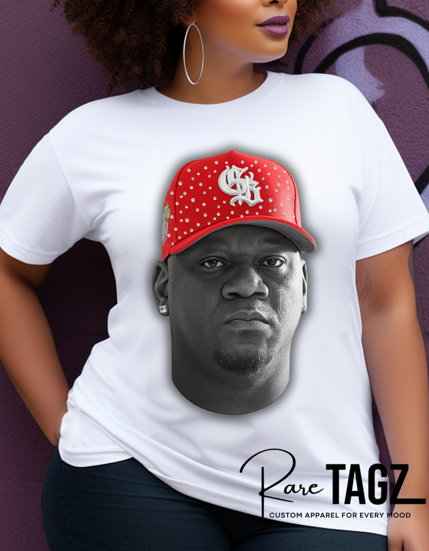 Custom DJ Fresh portrait t-shirt with hand placed rhinestones on red cap. Custom Breezy Tour shirt by Rare Tagz.