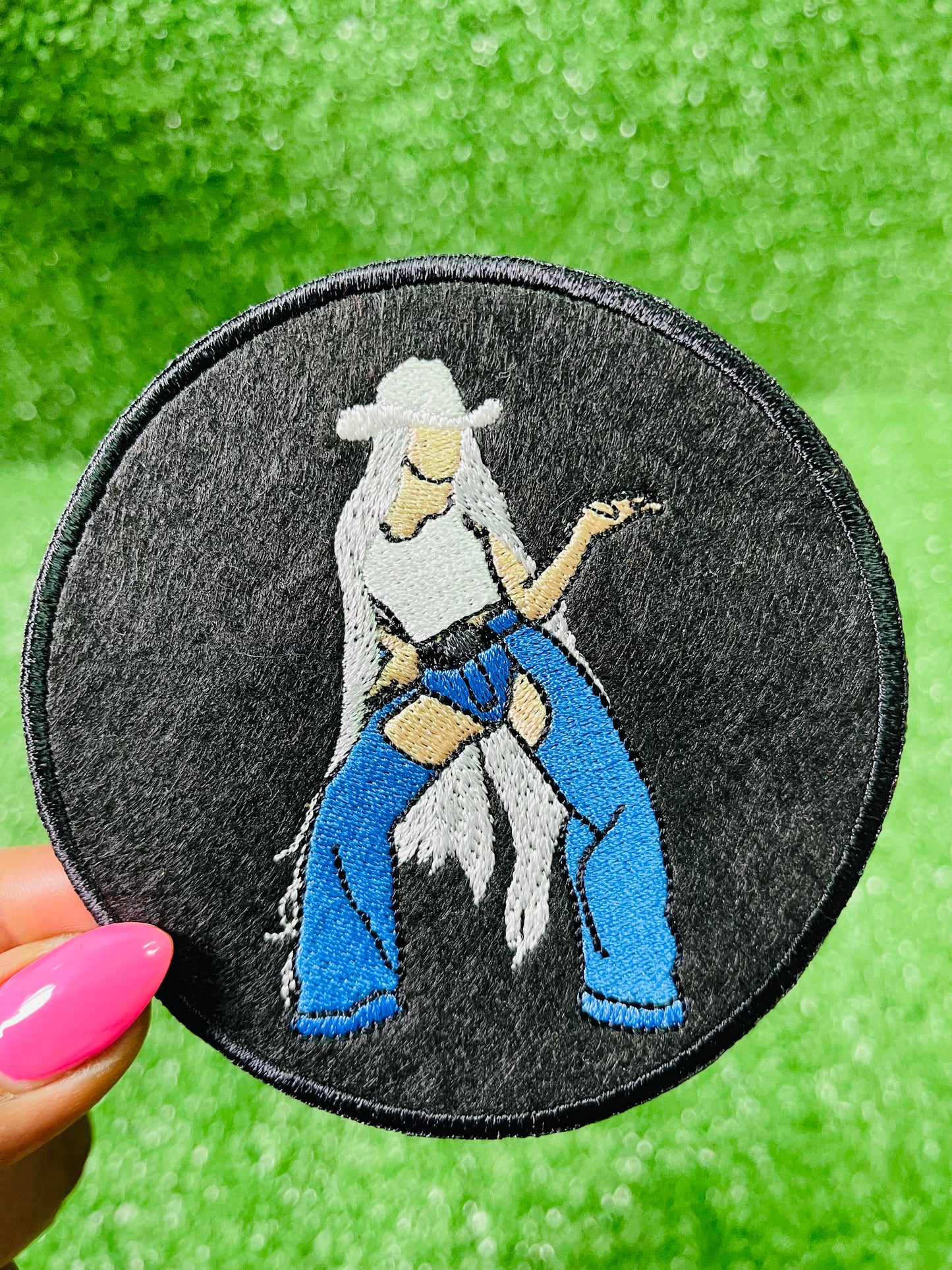 Custom embroidered cowgirl patch inspired by Cowboy Carter era featuring a western-style figure with white hat and long hair, perfect for jackets, hats, and tour outfits. Embroidery machine made patch by Rare Tagz.