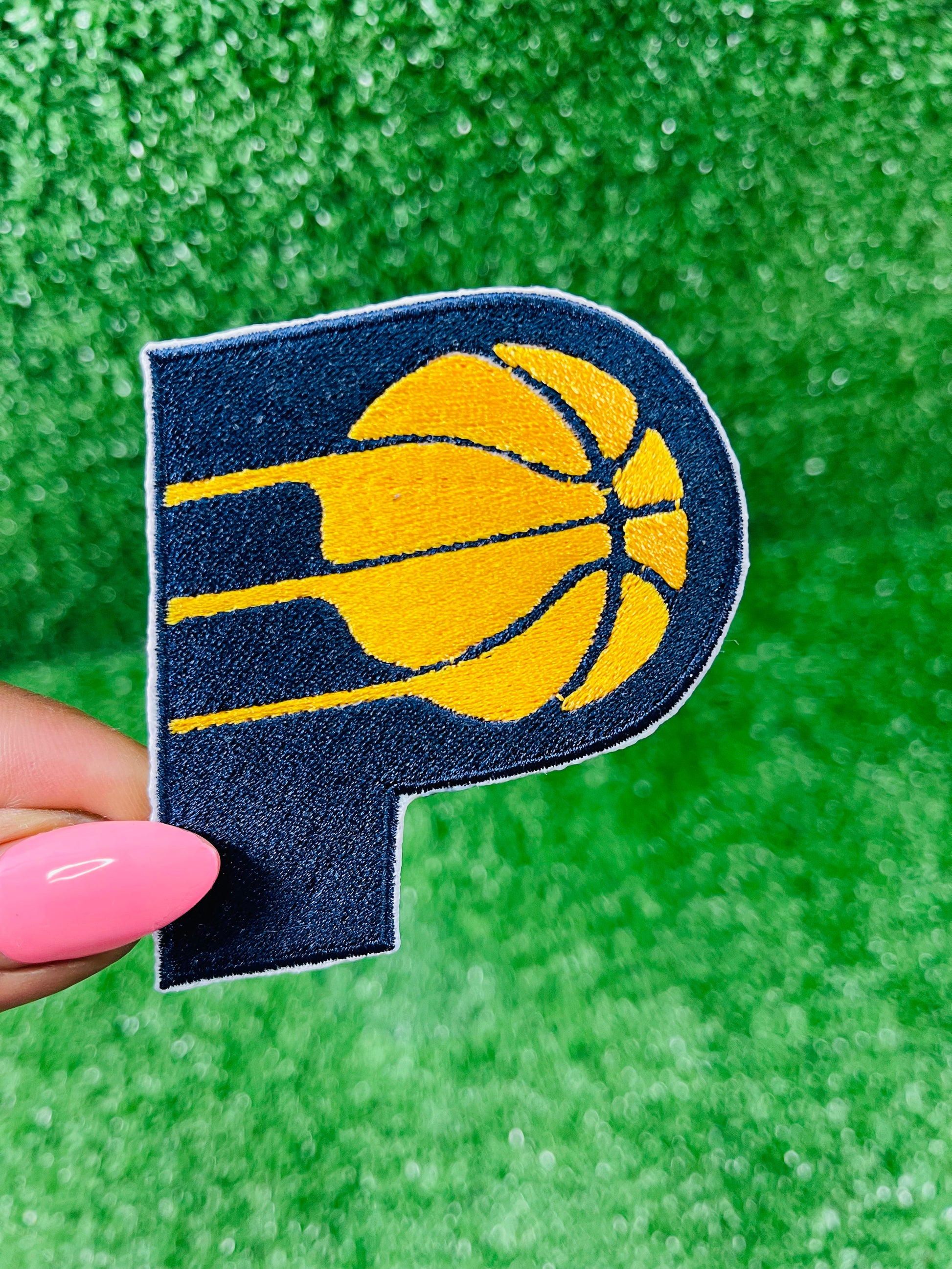 Custom Pacers inspired embroidered iron-on patch, basketball team logo patch for hat, jackets, or bags.  Blue and yellow sports patch made with our own embroidery machines.a