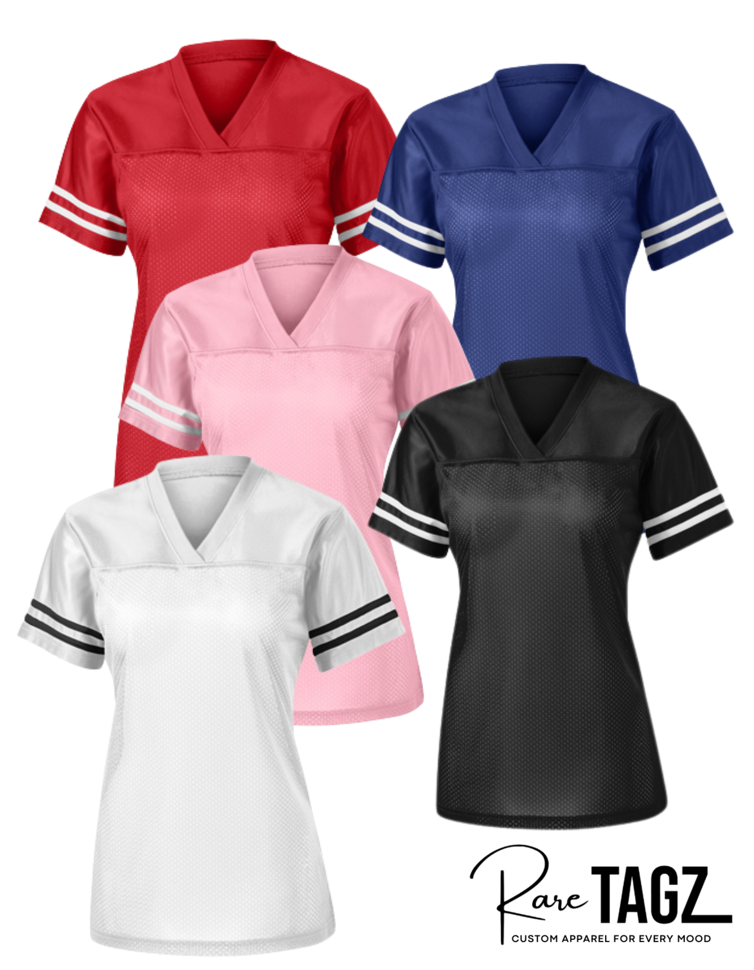 Collection of red, blue, pink, white, and black sports jerseys with 'Rare TAGZ' branding.