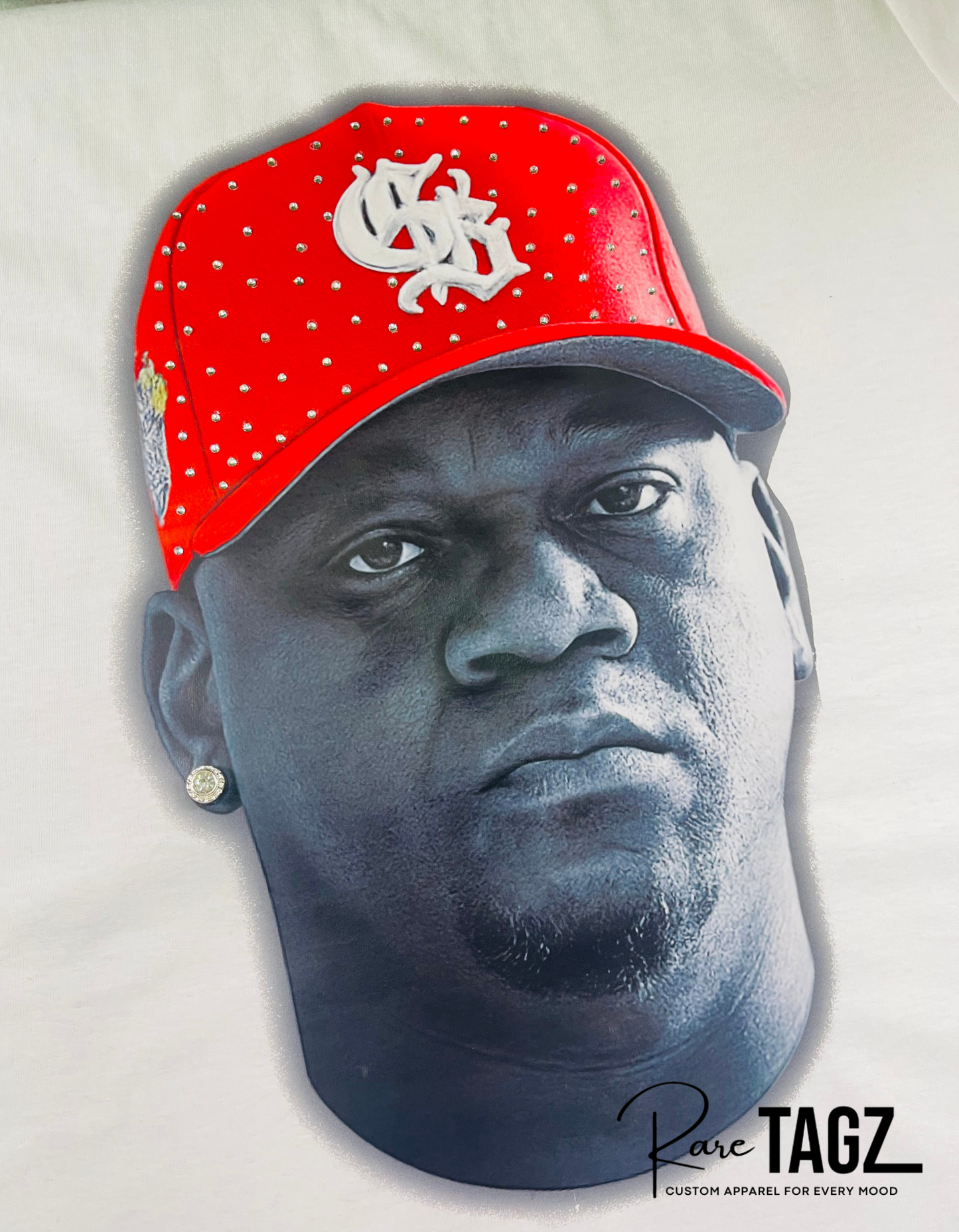 Custom DJ Fresh portrait t-shirt with hand placed rhinestones on red cap. Custom Breezy Tour shirt by Rare Tagz.