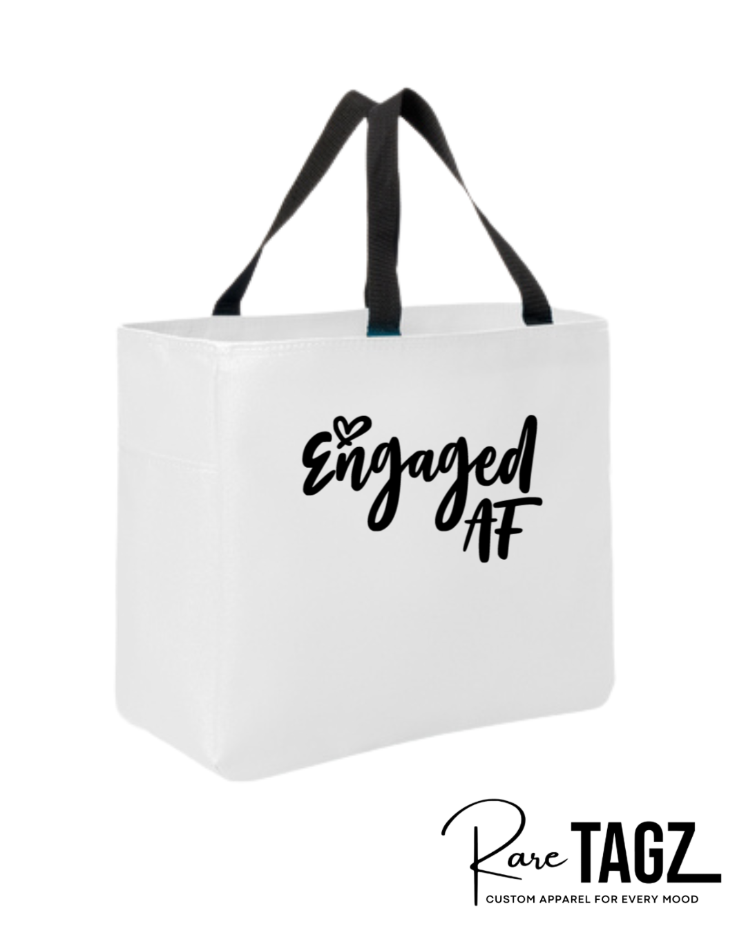 Custom Engaged AF white tote bag for brides, engagement parties, and wedding planning. 
Bride-to-be tote bag, bachelorette party, engagement gift ideas, newly engaged, fiance