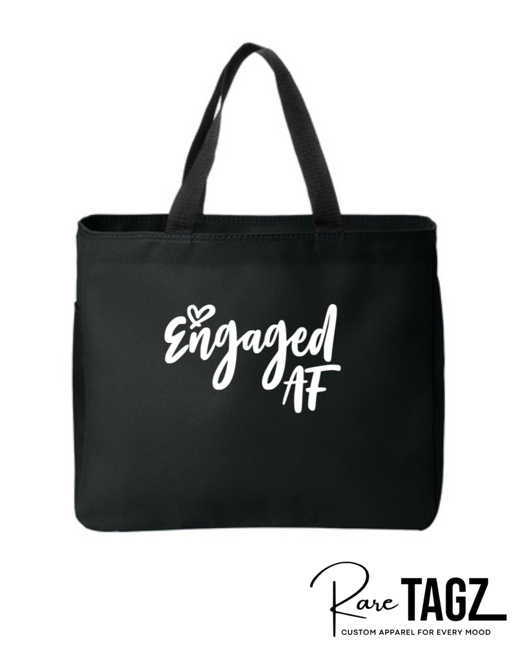 Custom Engaged AF black tote bag for brides, engagement parties, and wedding planning. 
Bride-to-be tote bag, bachelorette party, engagement gift ideas, newly engaged, fiance