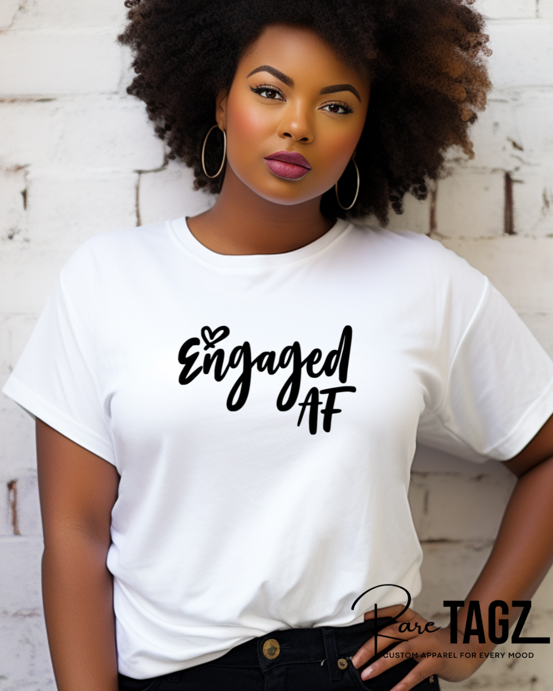 Model wearing a white Engaged AF t-shirt featuring black lettering, styled casual by Rare Tagz.
Bachelorette t-shirt, bride-to-be t-shirt, bachelorette, bridal shower, fiance, wedding, wedding gifts