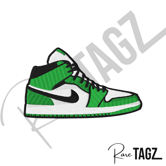 Embroidered iron on patch of a green and white nike style air Jordan sneaker with black accents designed by Rare Tagz.
Perfect for streetwear, sneakerheads, and DIY jackets or bag designs.