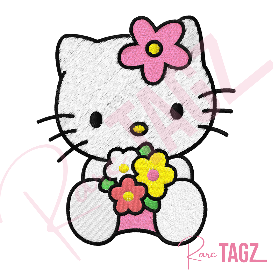 Hello Kitty holding an arrangement of colorful flowers on a patch. Perfect for personalizing jackets, bags, and trucker hats.