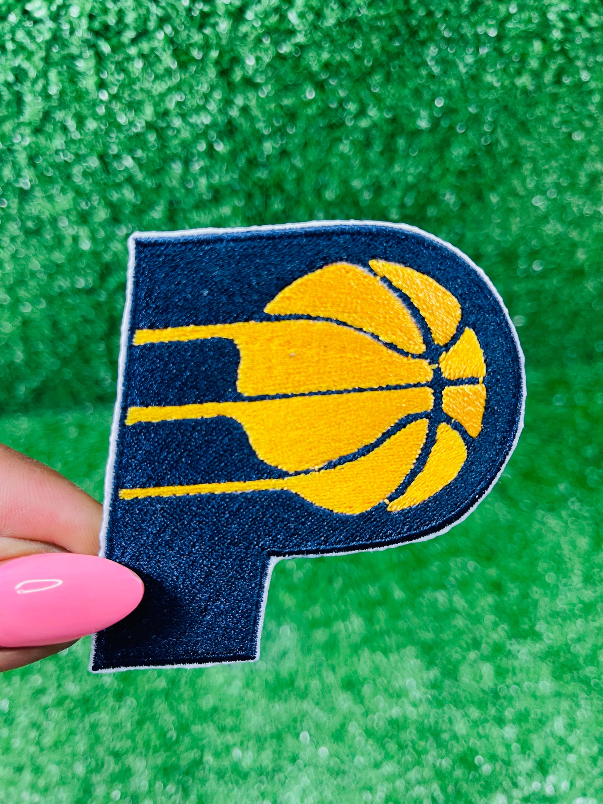 Custom Pacers inspired embroidered iron-on patch, basketball team logo patch for hat, jackets, or bags.  Blue and yellow sports patch made with our own embroidery machines.a