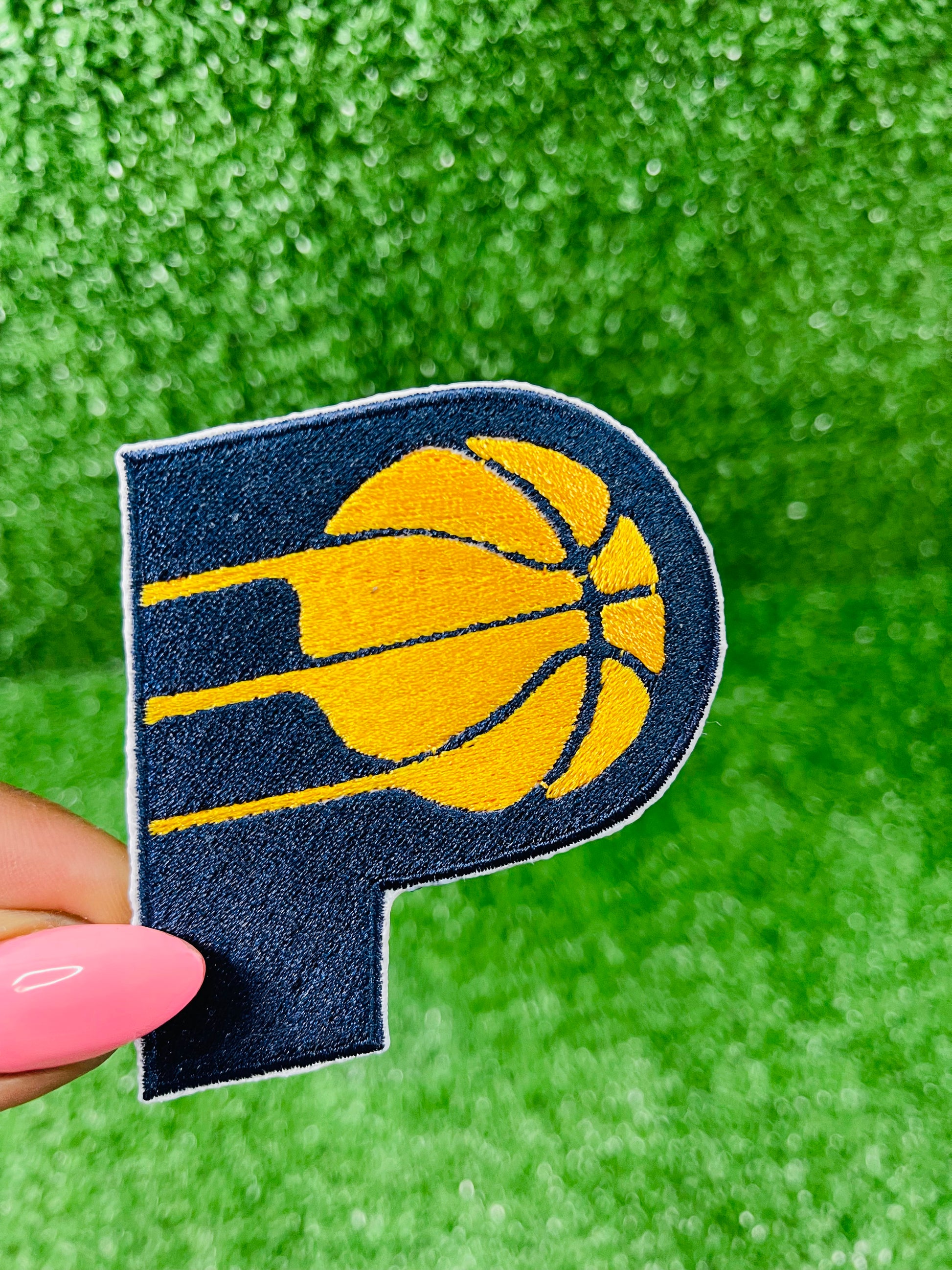 Custom Pacers inspired embroidered iron-on patch, basketball team logo patch for hat, jackets, or bags.  Blue and yellow sports patch made with our own embroidery machines.a