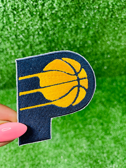 Custom Pacers inspired embroidered iron-on patch, basketball team logo patch for hat, jackets, or bags.  Blue and yellow sports patch made with our own embroidery machines.a