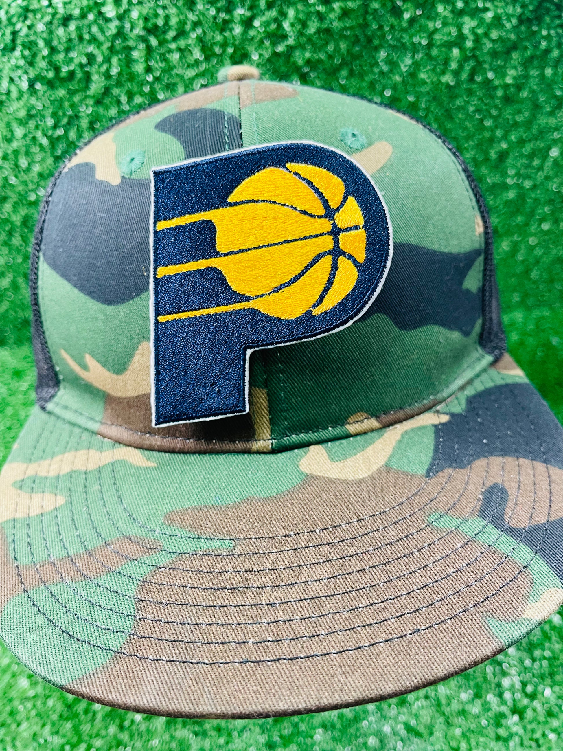 Custom Pacers inspired embroidered iron-on patch, basketball team logo patch for hat, jackets, or bags.  Blue and yellow sports patch made with our own embroidery machines.a