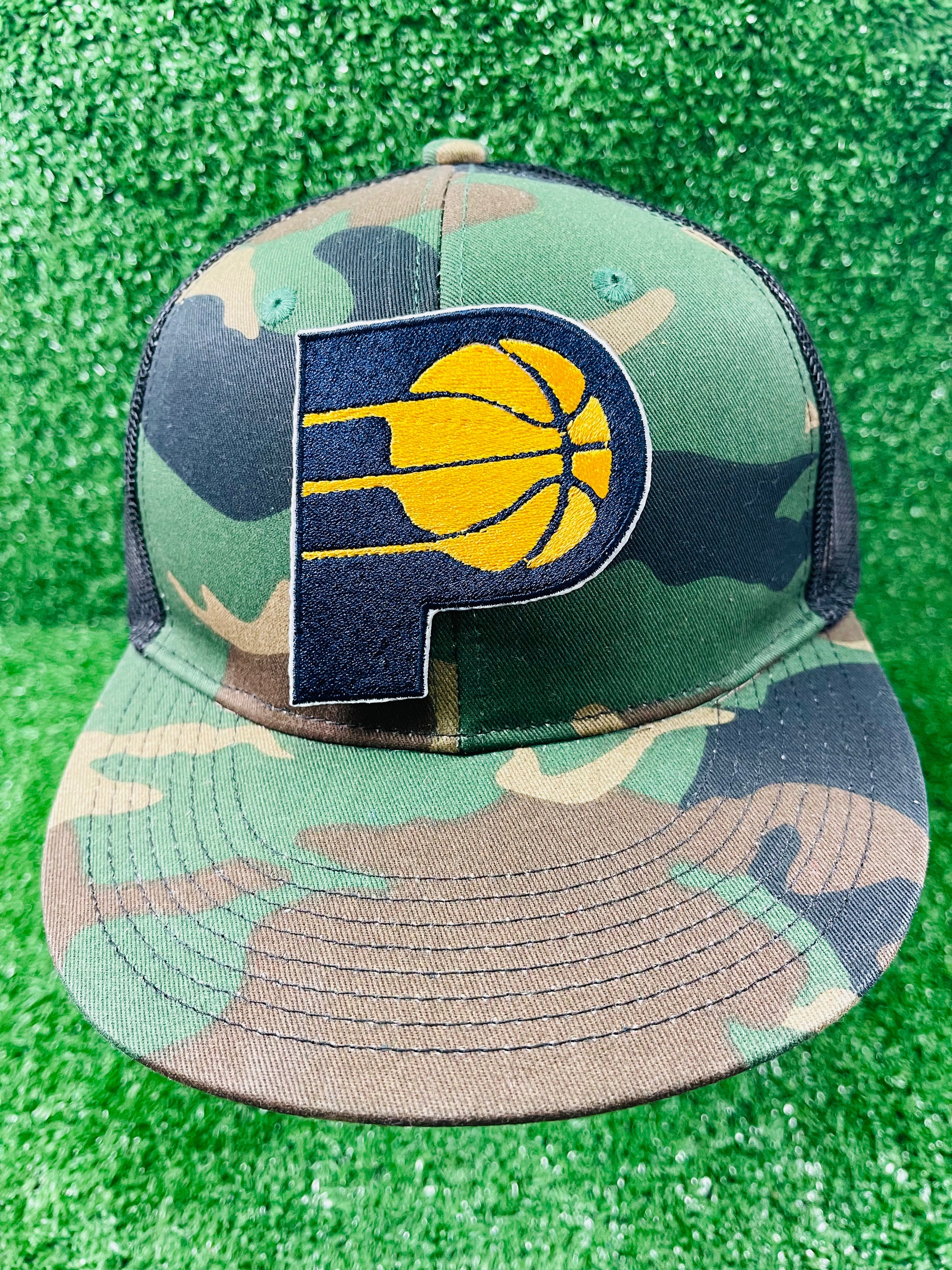 Custom Pacers inspired embroidered iron-on patch, basketball team logo patch for hat, jackets, or bags.  Blue and yellow sports patch made with our own embroidery machines.a