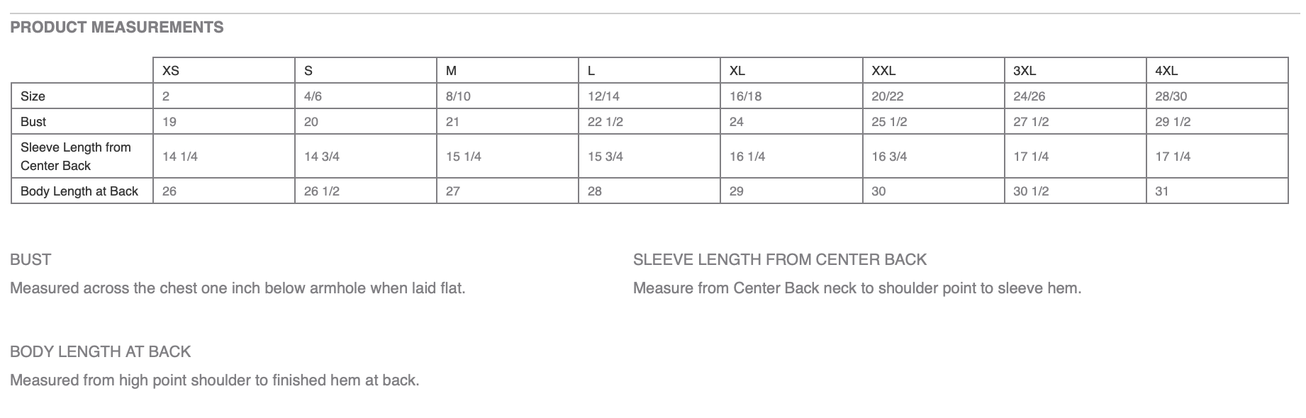 Product measurements chart for a garment with size, bust, waist, and sleeve length details.
