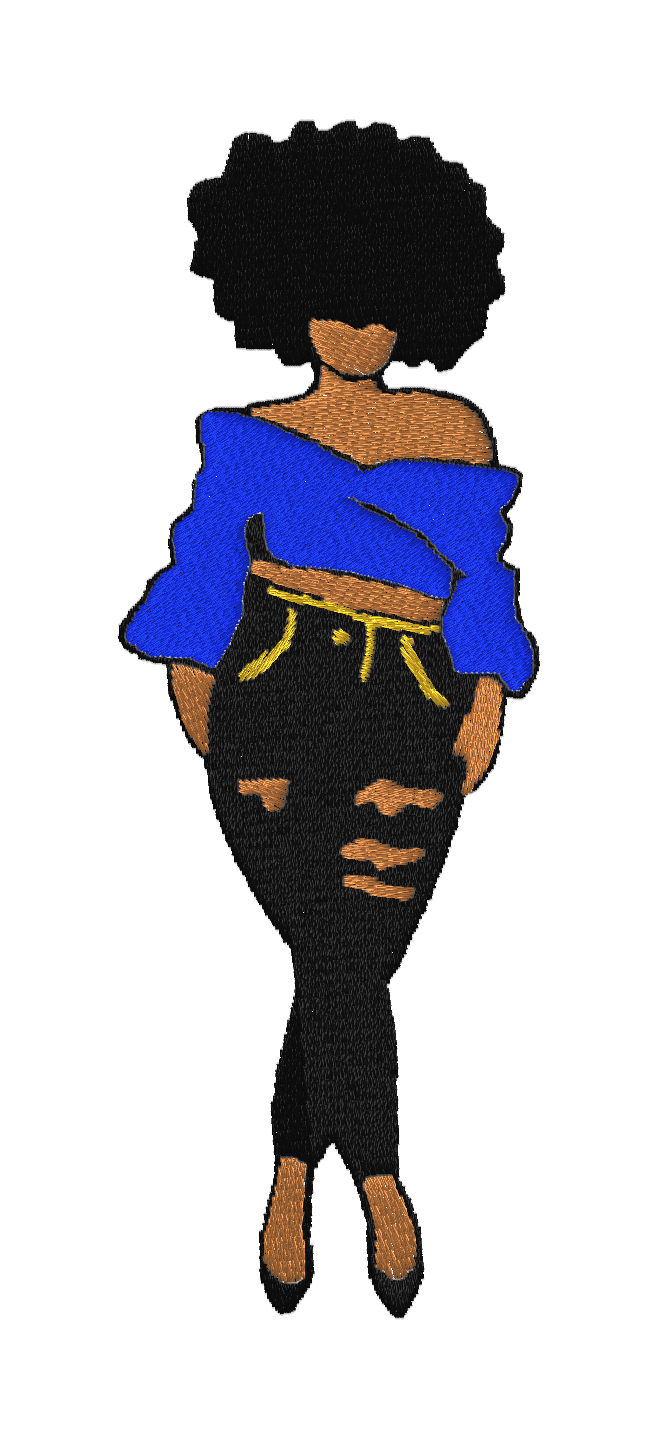 Embroidered iron-on patch of a confident Black woman with a voluminous afro, wearing an off-the-shoulder royal blue top, ripped black high-waisted jeans with yellow stitching details, and black pointed heels. She is standing with one leg slightly crossed in a stylish, relaxed pose.