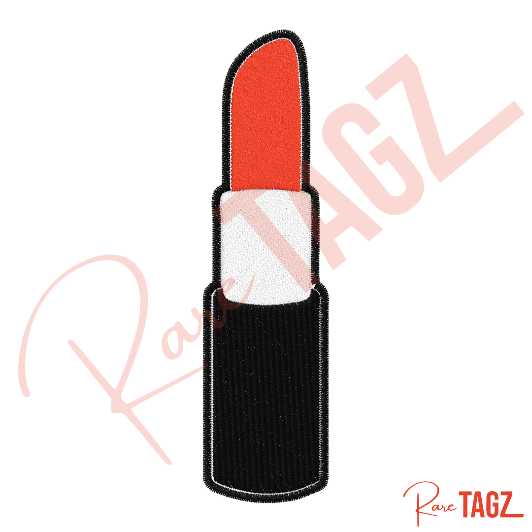 An embroidered iron-on patch in the shape of a red lipstick with a black base, with the brand name 'Rare Tagz' visible.