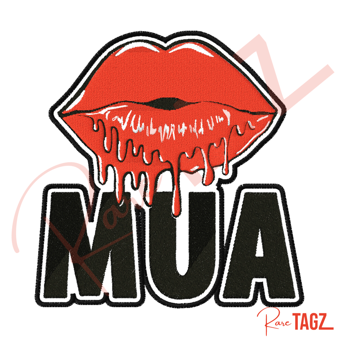 Custom MUA patch with old red lipstick graphic and gems.