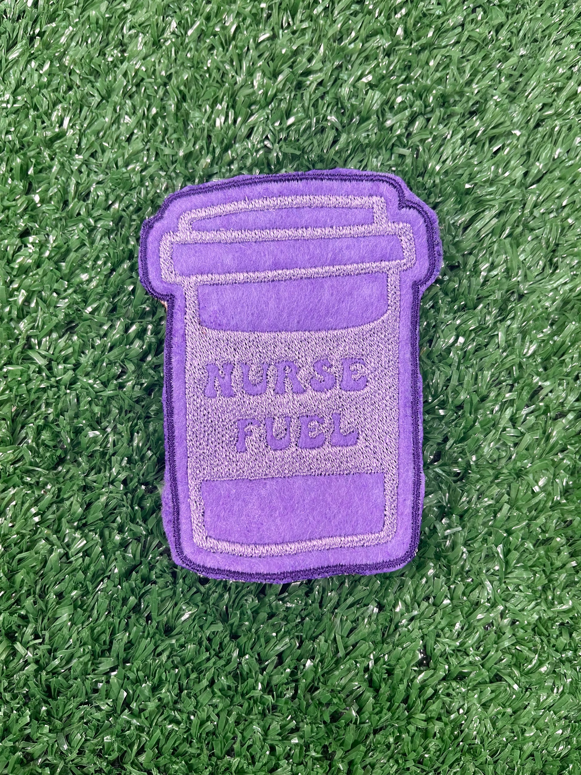 Purple nurse-themed embroidered iron-on patch set 
Cool Nurse Club
A Proud Nurse
Nurse Fuel Coffee Cup
Nurse Cap 
Butterfly with Nurse script
Nurses Call the Shots phrase