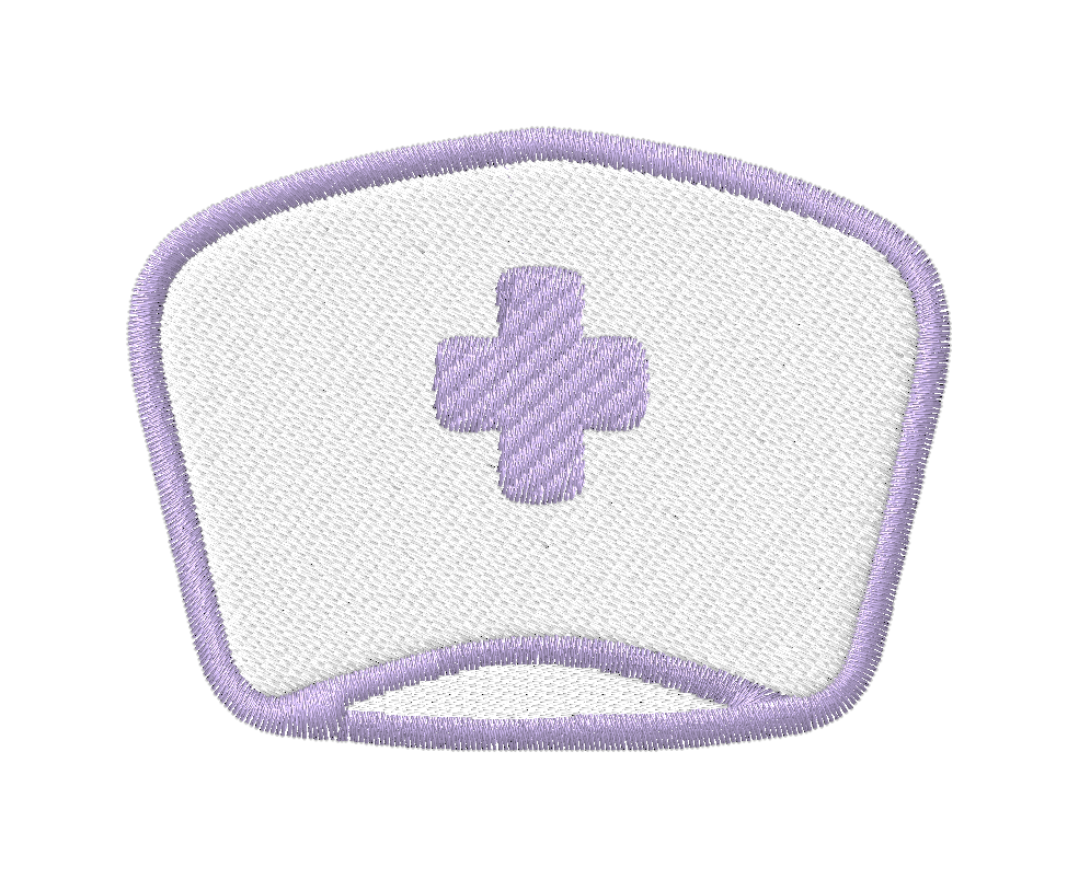 Purple nurse-themed embroidered iron-on patch set featuring six designs: 
Cool Nurse Club
A Proud Nurse
Nurse Fuel Coffee Cup
Nurse Cap 
Butterfly with Nurse script
Nurses Call the Shots phrase
