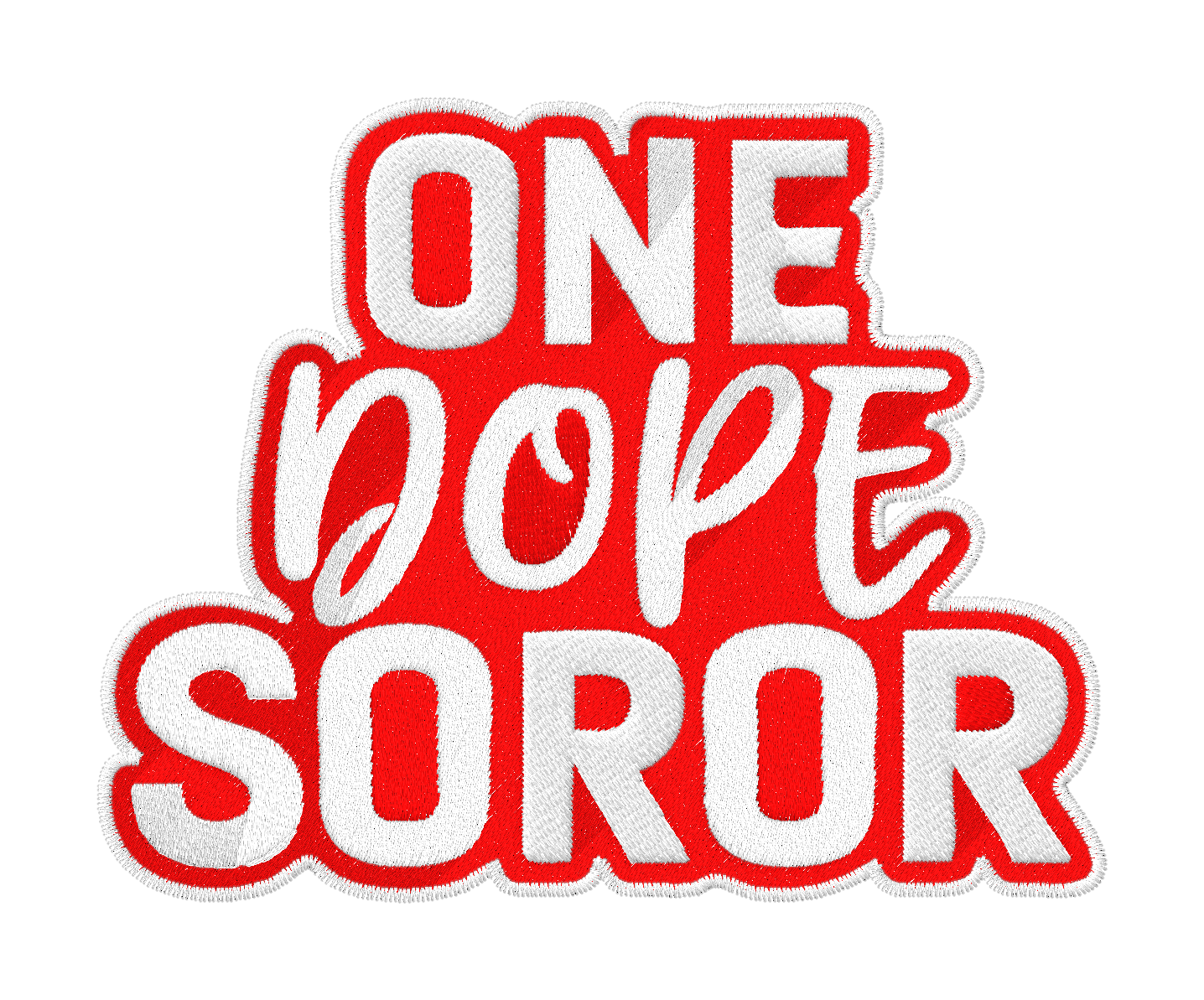 Embroidered patch with bold red and white lettering that says One Dope Soror on a green grass background.