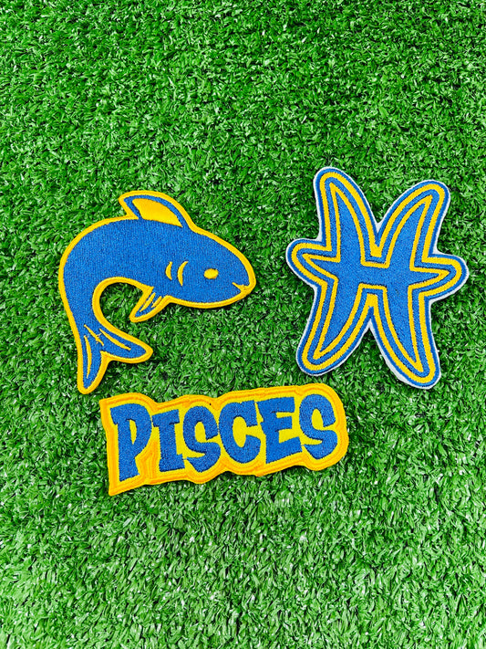 A set of three embroidered patches featuring the Pisces symbol, a stylized fish, and the word Pisces in bold outlined font.