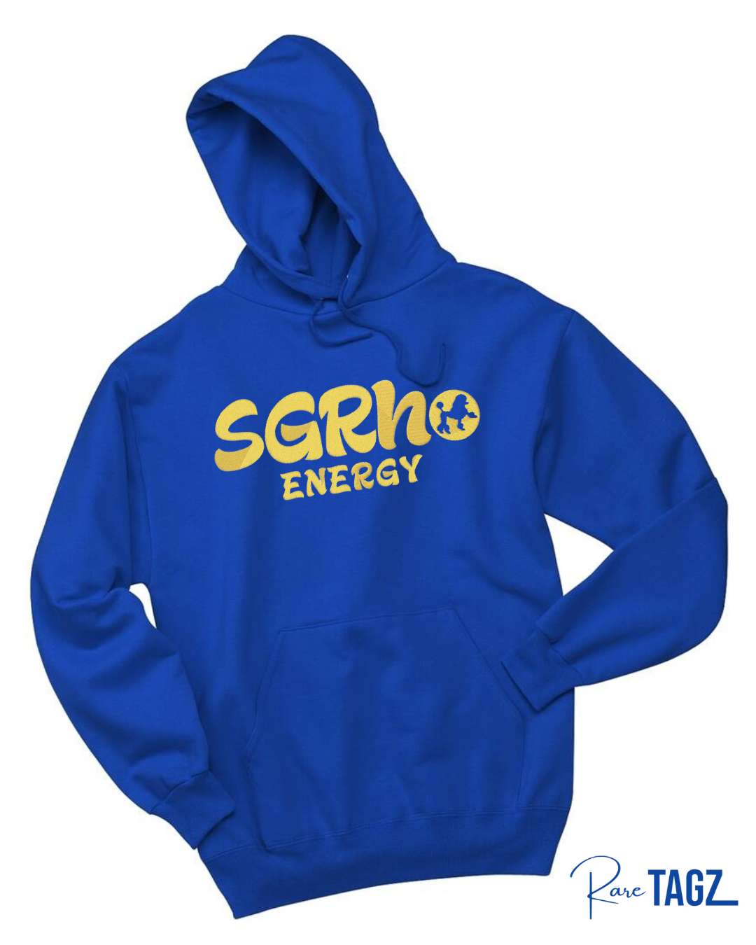 Embroidered hoodie and sweatshirt with ‘SGrho Energy’ text, representing Sigma Gamma Rho sorority pride. Cozy, stylish apparel for showing sorority spirit in blue and gold.
