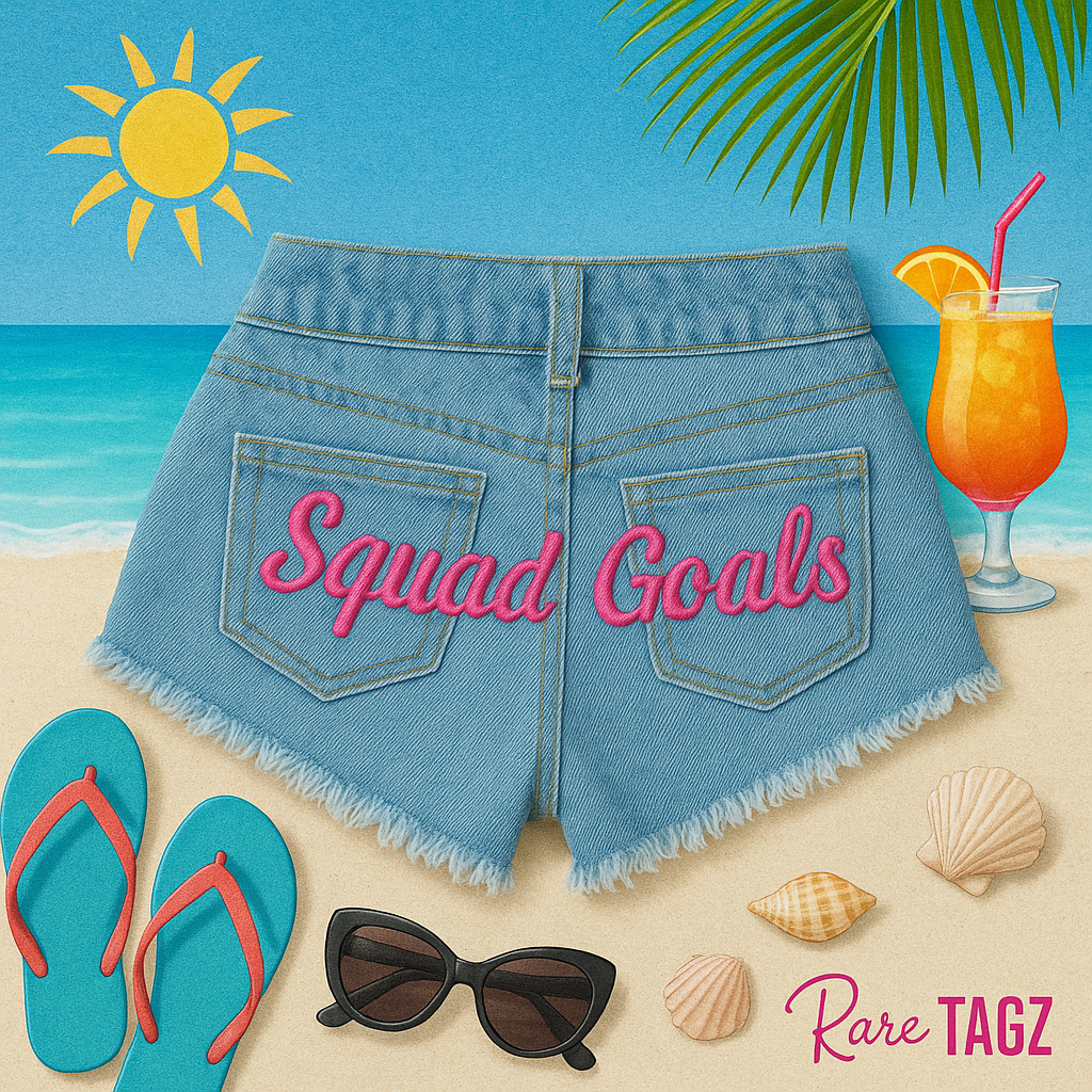 Custom embroidered denim shorts that say Squad Goals for girls trips, bachelorette weekends, and beach vacations by Rare Tagz.