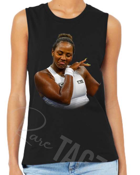 Black sleeveless Taylor Townsend shirt with a graphic of a woman in a white tank top and boxing gloves, worn by a person.