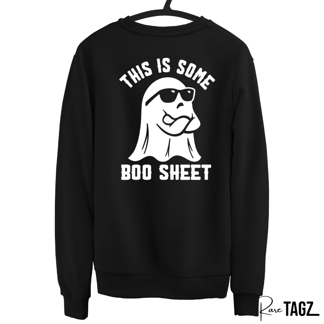 Funny Halloween sweatshirt with ghost design and This is some Boo Sheet text. Rare Tagz custom apparel