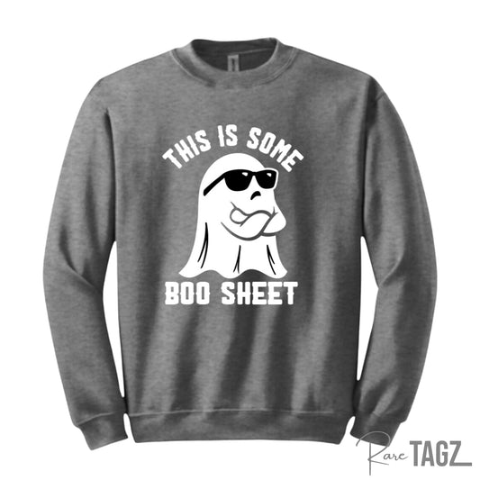 Funny Halloween sweatshirt with ghost design and This is some Boo Sheet text. Rare Tagz custom apparel