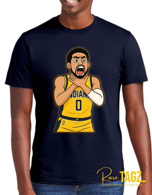 Tyrese Haliburton in a yellow Pacer jersey mid celebration, gripping his neck with both hands in a passionate playoff moment, against a blurred arena crowd.