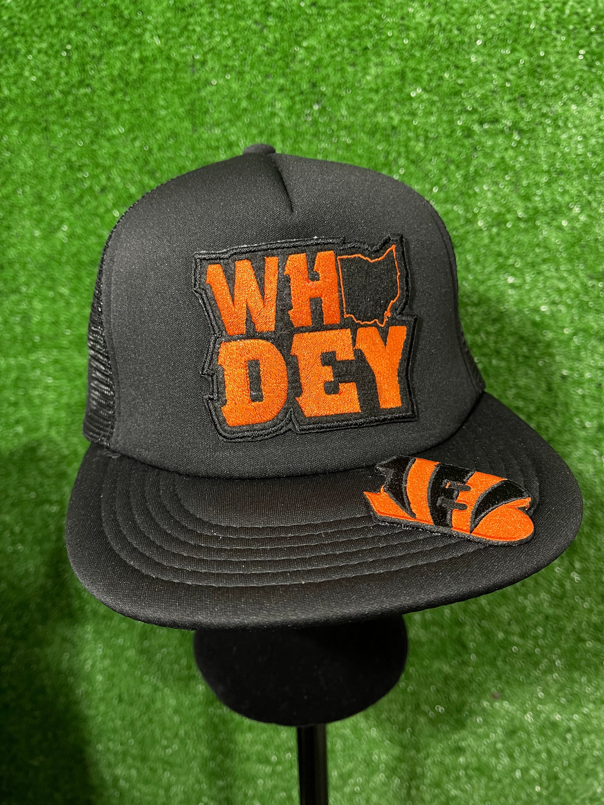 Custom Bengals Trucker hat with embroidered team patches, featuring a mesh back and adjustable snap closure.