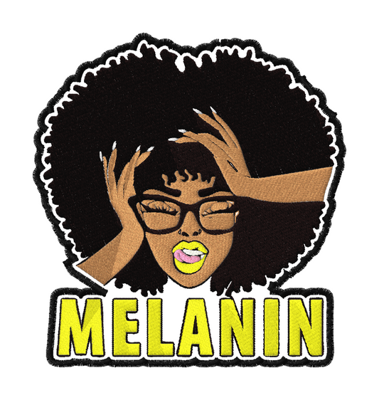 An embroidered patch featuring the word 'MELANIN' and a stylized illustration of a female figure with melonin-rich skin, wearing glasses, and posing with her hands raised.